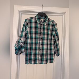 Christopher & Banks Teal Black Gray White Plaid Button-Down Shirt